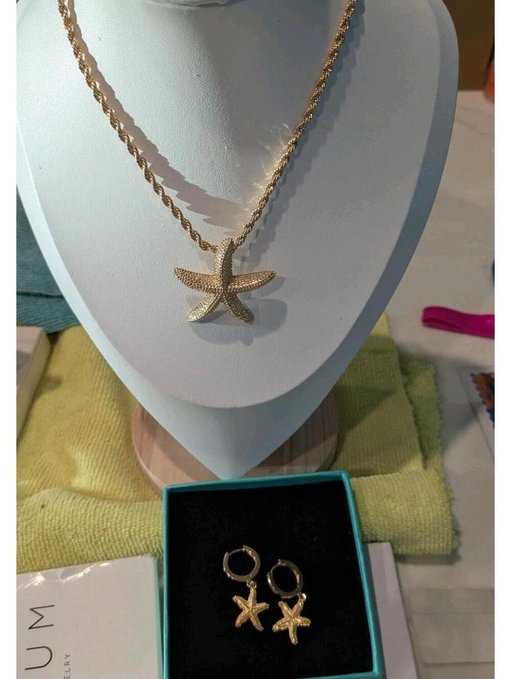 Gold plated starfish necklace on rope chain  Hugger Hoop Earrings Beach Coastal